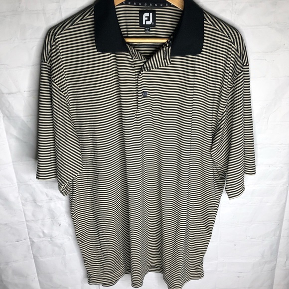 FJ Footjoy Golf Men's Short Sleeve Polo Shirt Size L Large Black Tan Striped - Picture 1 of 9